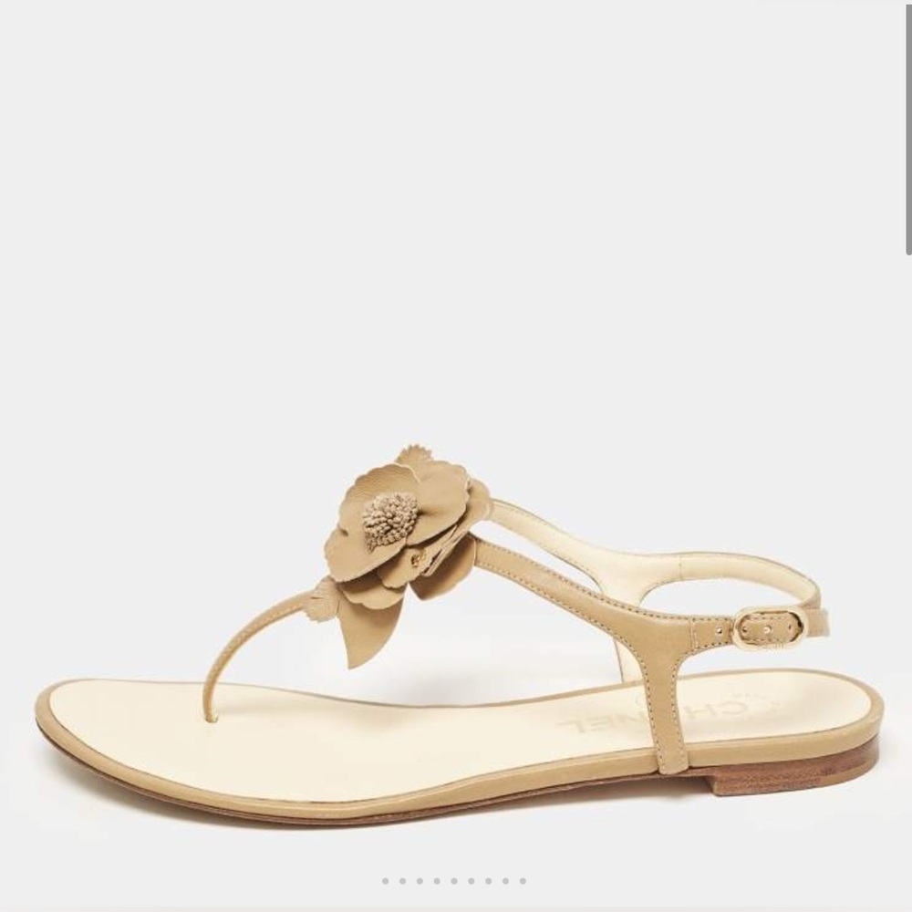 Chanel Brown Leather Camelia Thong Slingback Sandals - Picture 4 of 12